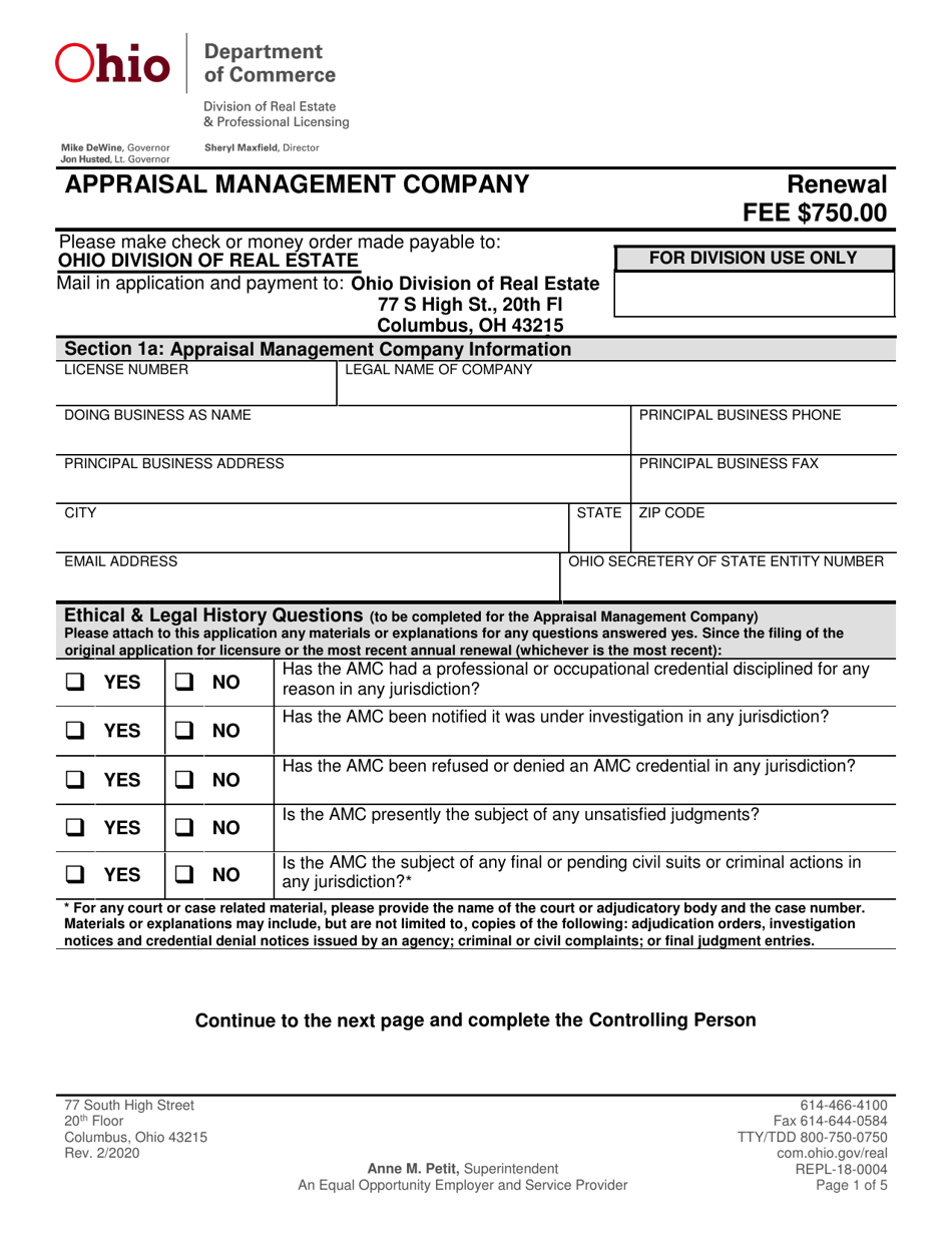 Form REPL-18-0004 Annual Appraisal Management Company Renewal - Ohio, Page 1