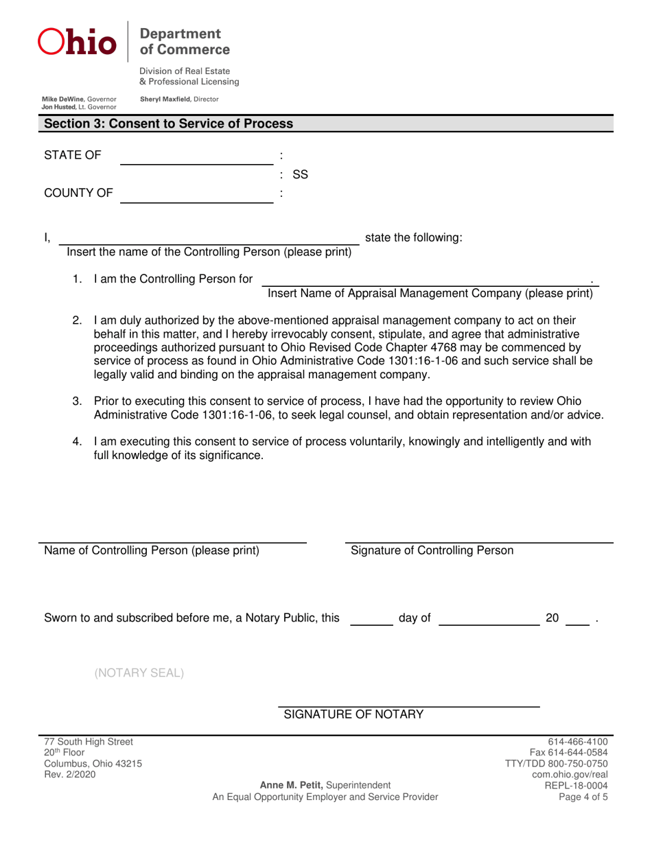 Form REPL-18-0004 Annual Appraisal Management Company Renewal - Ohio, Page 4
