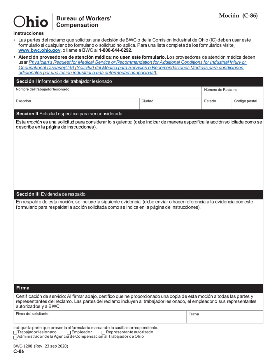 Formulario C-86 (BWC-1208) Mocion - Ohio (Spanish), Page 2