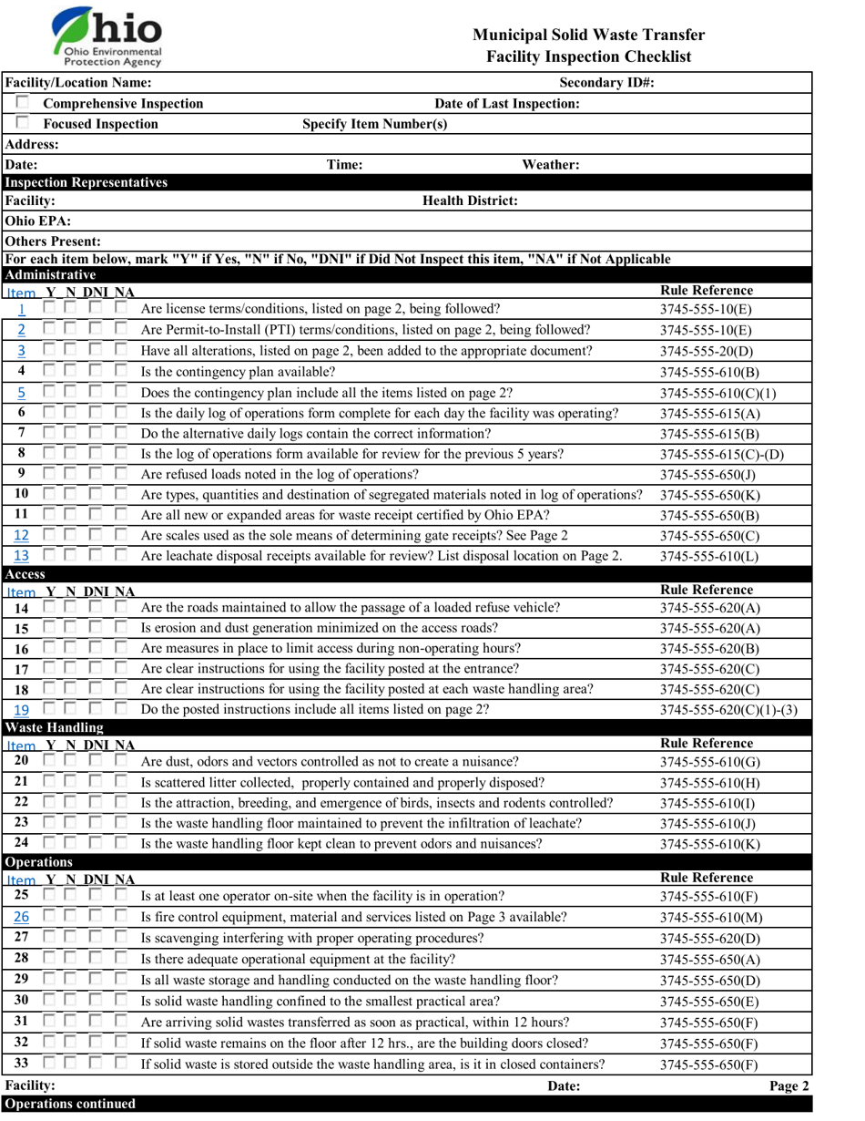 Municipal Solid Waste Transfer Facility Inspection Checklist - Ohio, Page 1