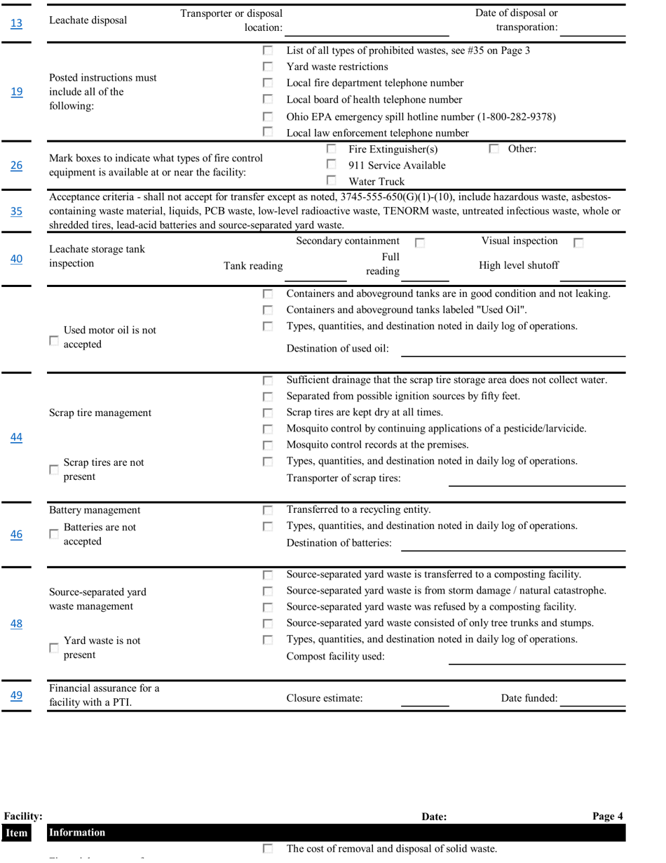Municipal Solid Waste Transfer Facility Inspection Checklist - Ohio, Page 3