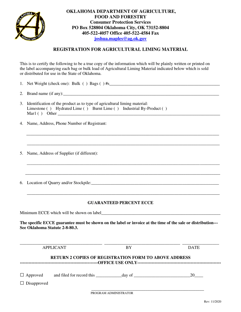 Registration for Agricultural Liming Material - Oklahoma, Page 1