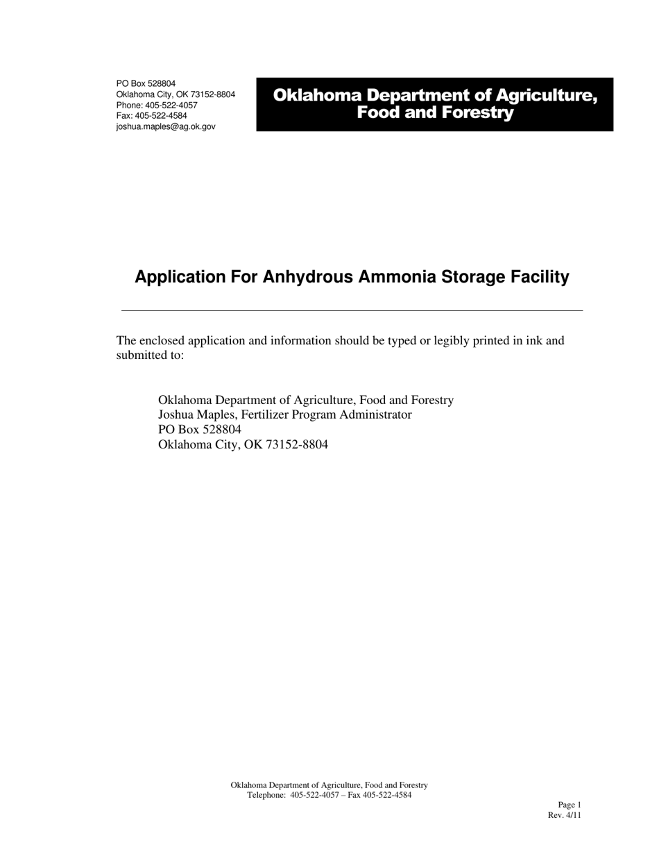 Application for Anhydrous Ammonia Storage Facility - Oklahoma, Page 1