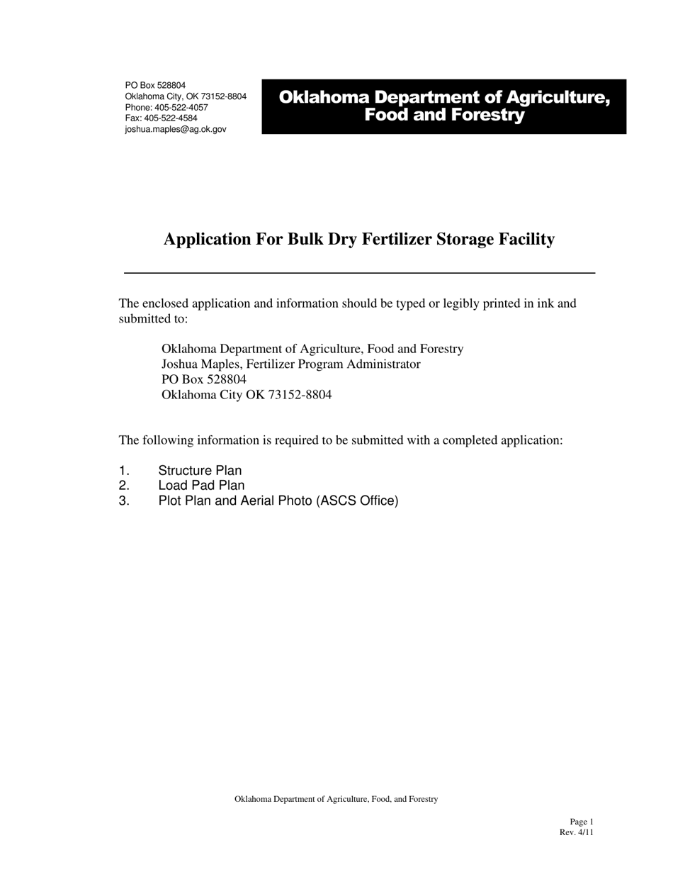 Application for Bulk Dry Fertilizer Storage Facility - Oklahoma, Page 1