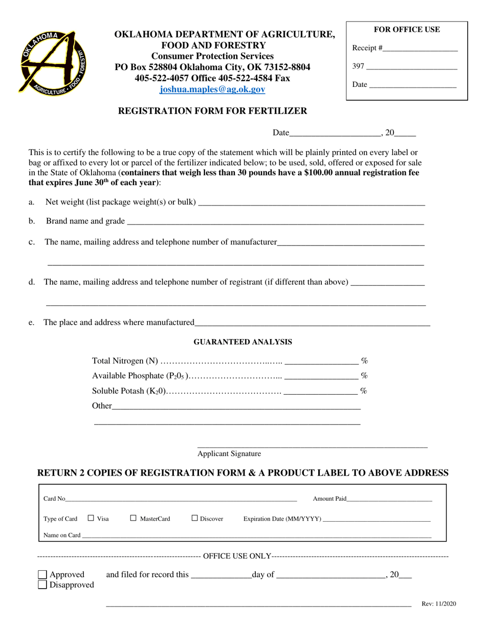 Oklahoma Registration Form for Fertilizer Fill Out, Sign Online and
