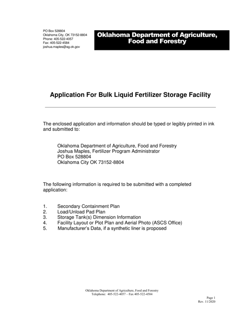 Application for Bulk Liquid Fertilizer Storage Facility - Oklahoma