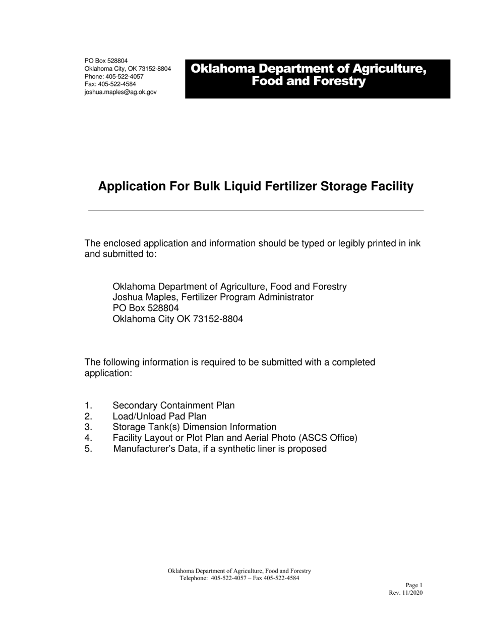 Application for Bulk Liquid Fertilizer Storage Facility - Oklahoma, Page 1