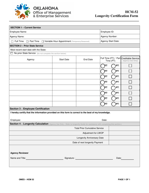 Form HCM-52 Longevity Certification Form - Oklahoma