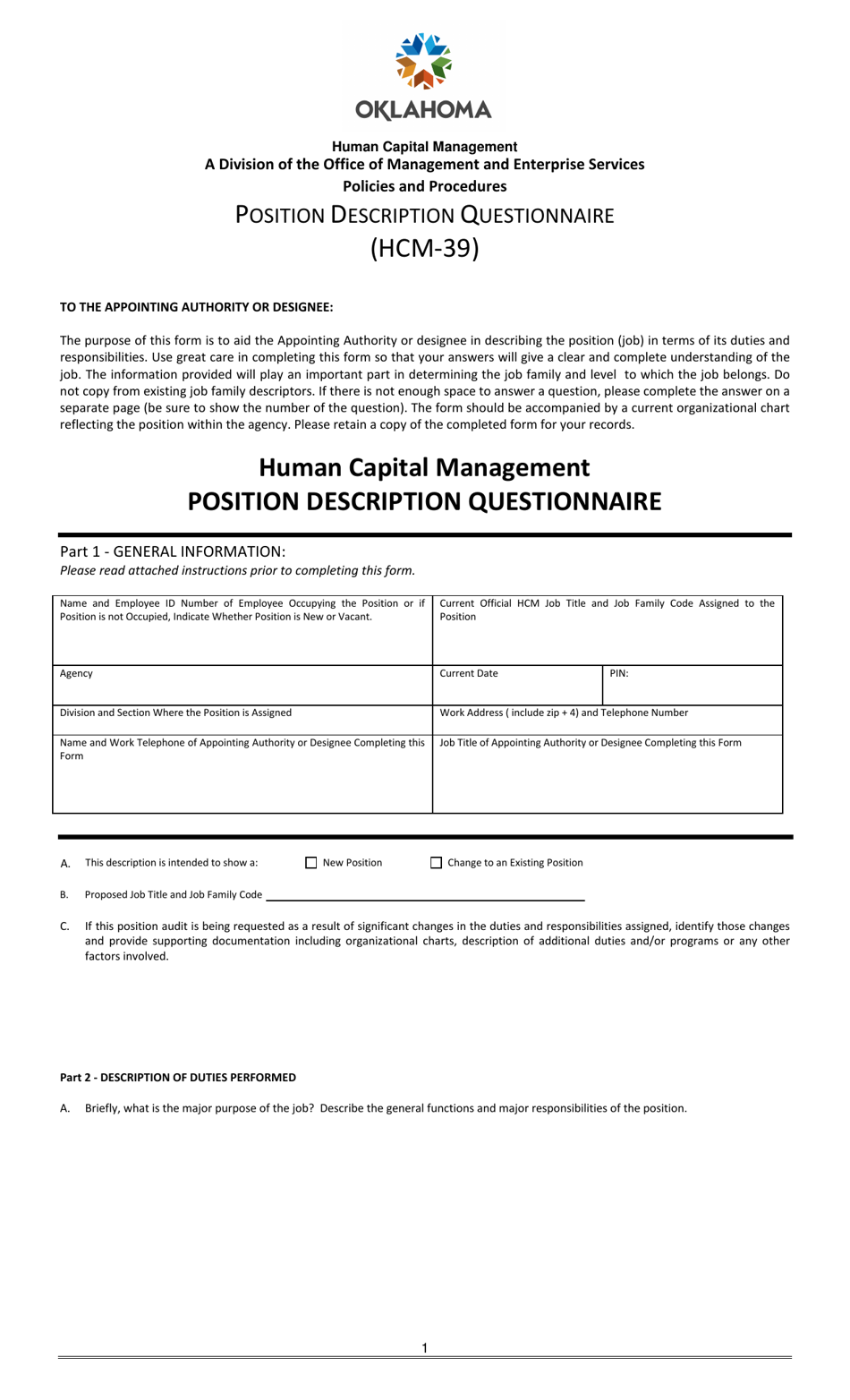 Form HCM-39 Position Description Questionnaire - Oklahoma, Page 1