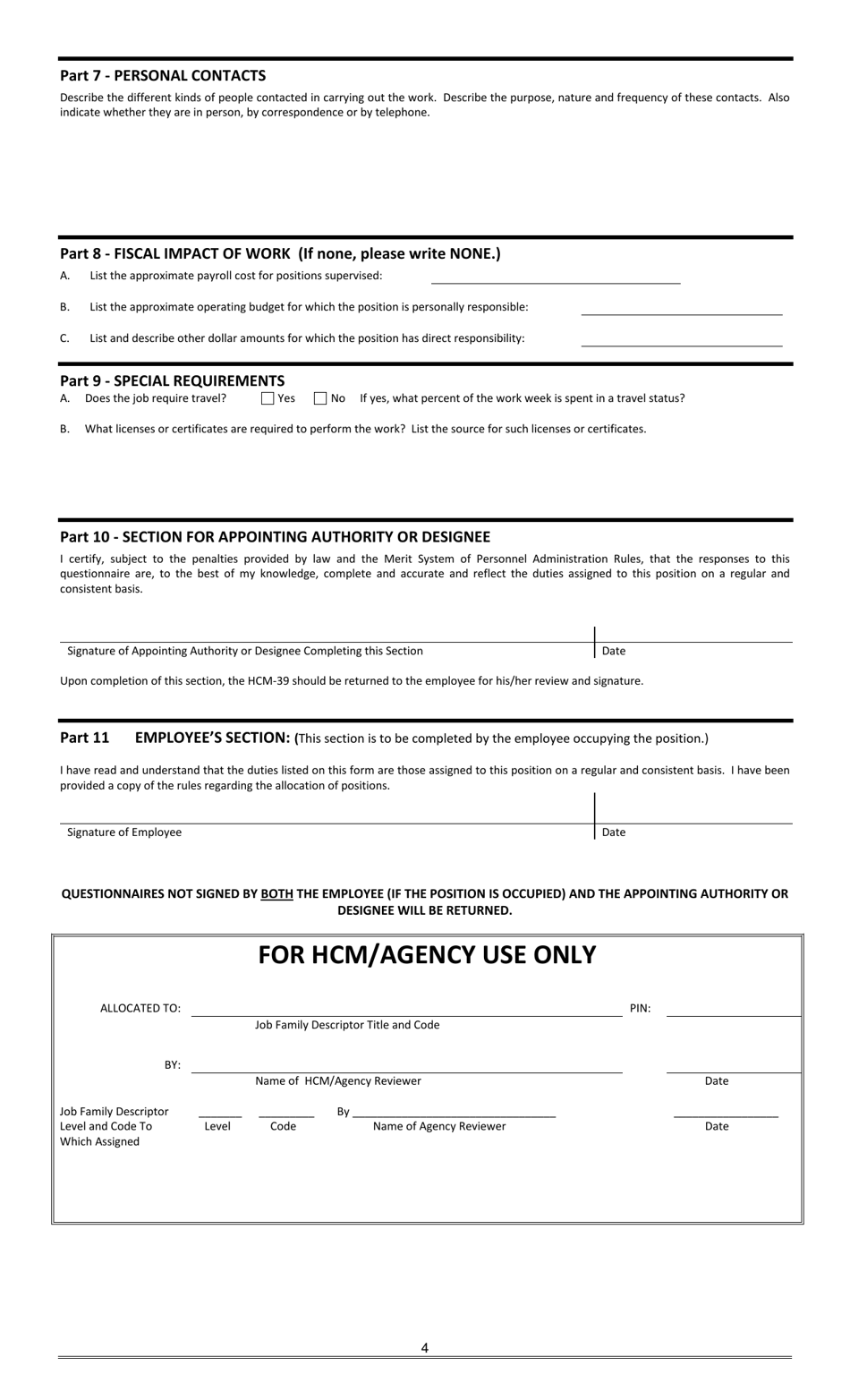Form HCM-39 Position Description Questionnaire - Oklahoma, Page 4