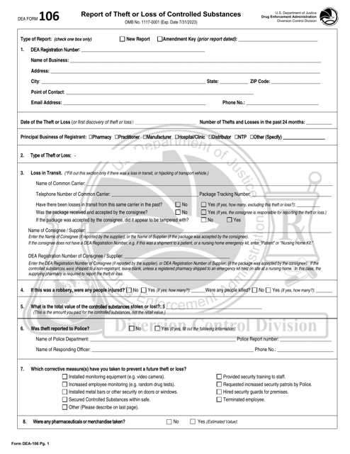 DEA Form 106 Download Fillable PDF Or Fill Online Report Of Theft Or 