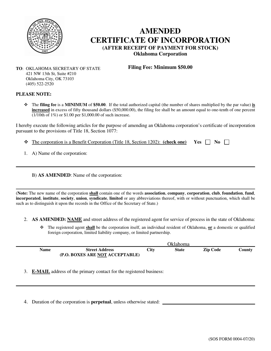 SOS Form 004 Amended Certificate of Incorporation (After Receipt of Payment for Stock) - Oklahoma, Page 1