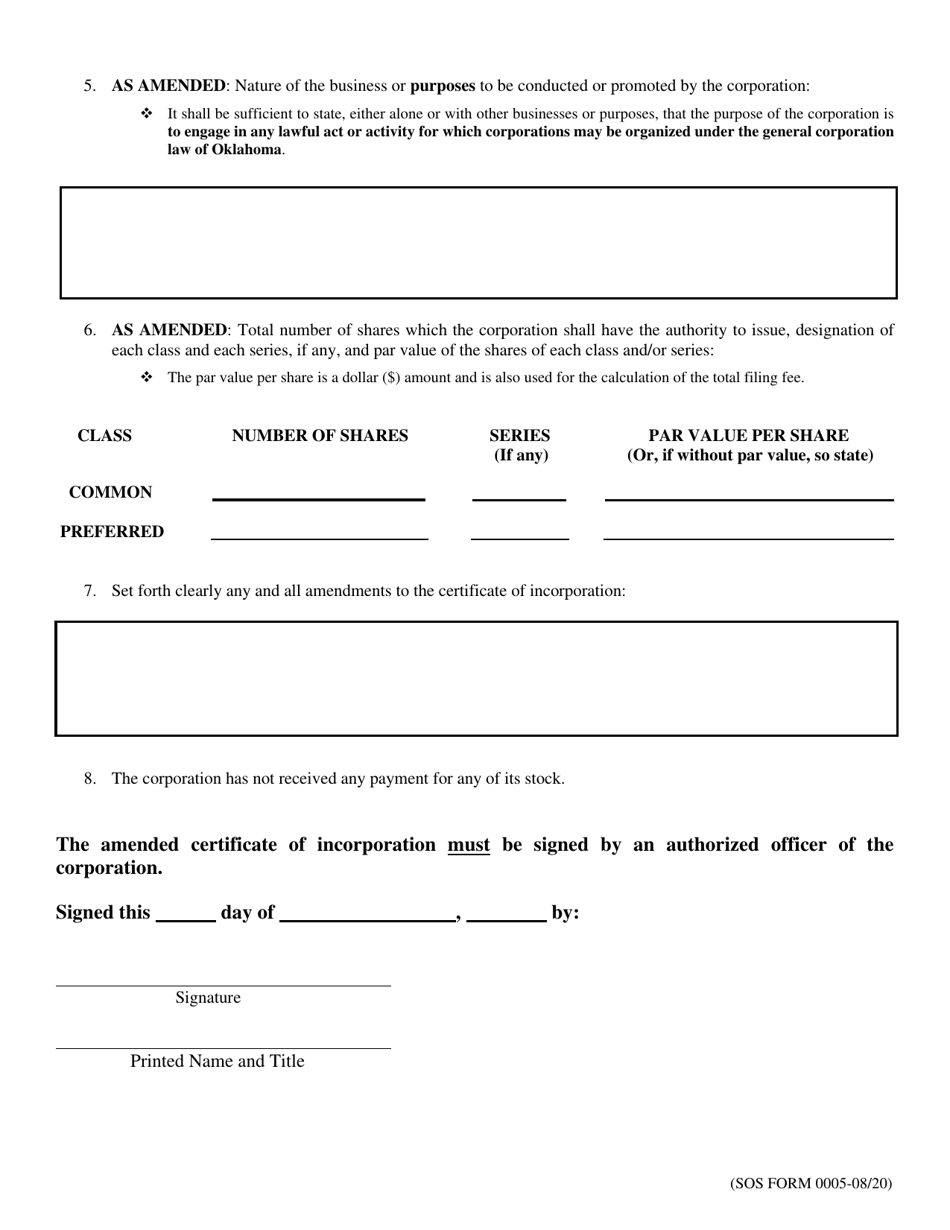 SOS Form 0005 Amended Certificate of Incorporation (Before Receipt of Payment for Stock) - Oklahoma Corporation - Oklahoma, Page 2