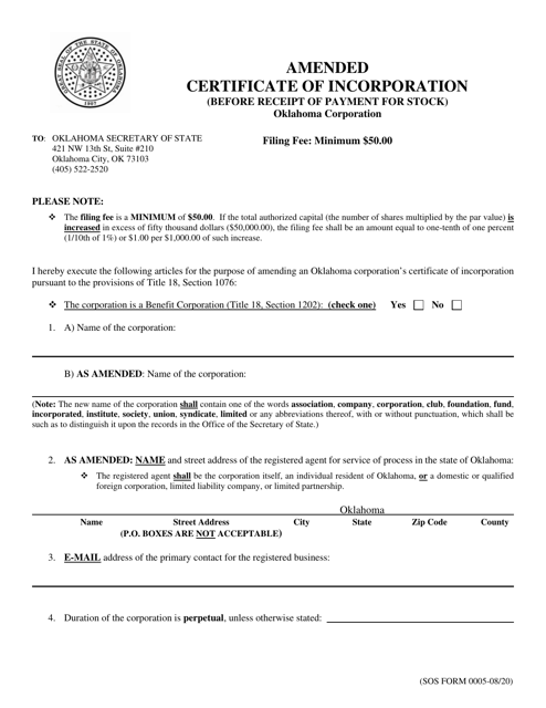 SOS Form 0005 Amended Certificate of Incorporation (Before Receipt of Payment for Stock) - Oklahoma Corporation - Oklahoma