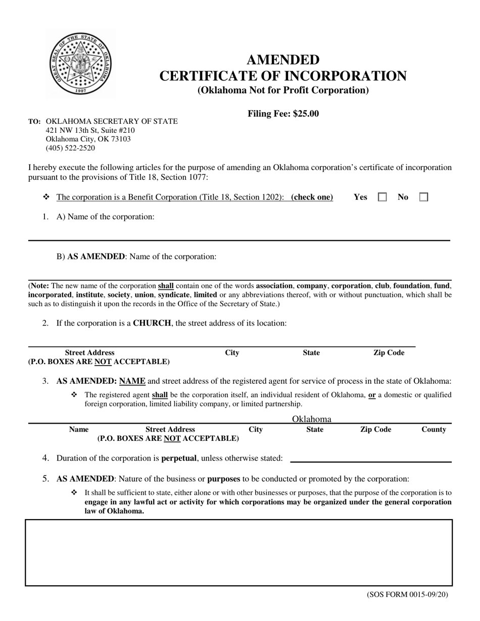 SOS Form 0015 Amended Certificate of Incorporation (Oklahoma Not for Profit Corporation) - Oklahoma, Page 1