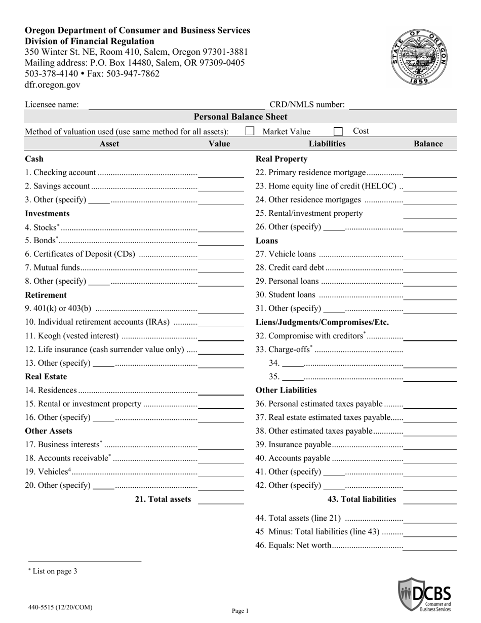 Form 440-5515 Personal Balance Sheet - Oregon, Page 1
