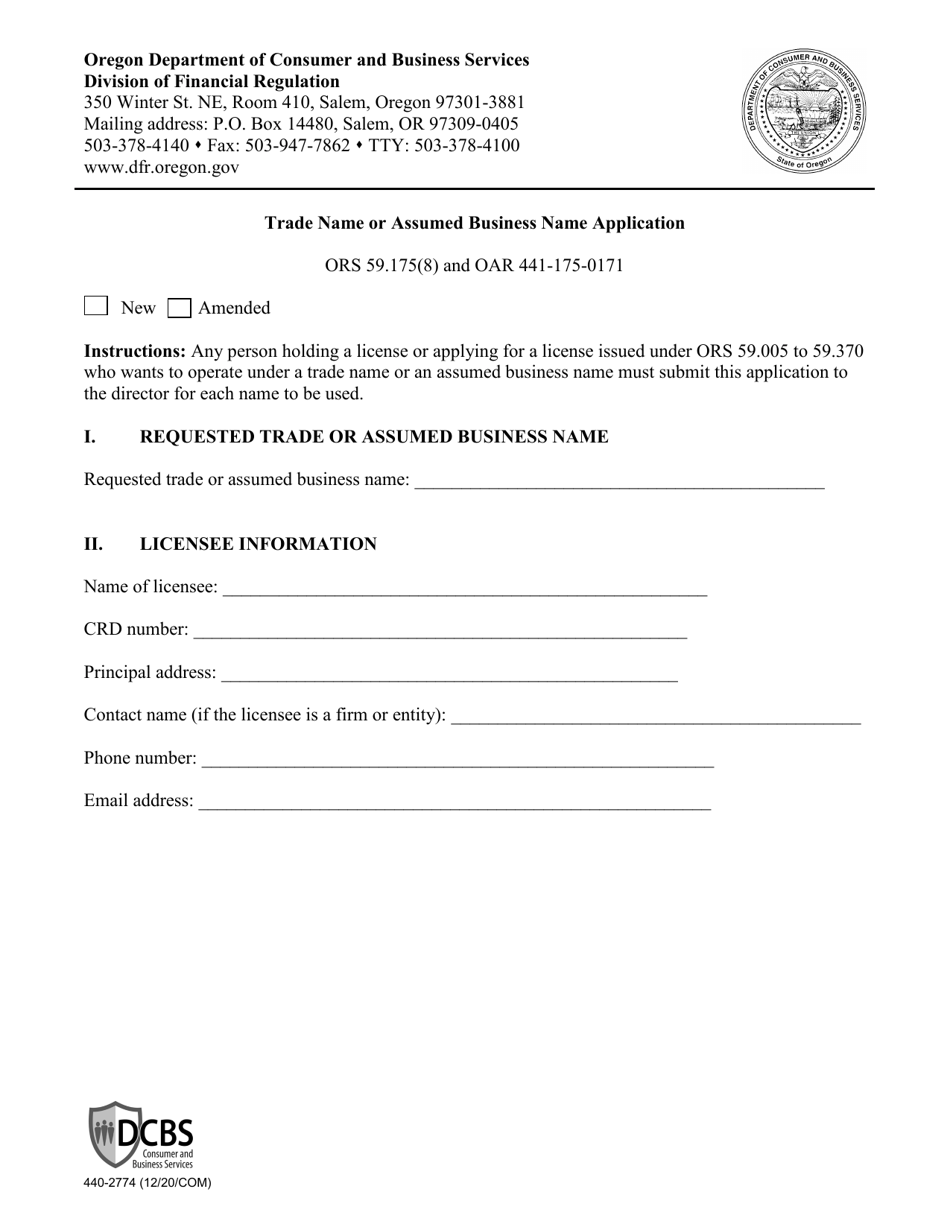 Form 440-2774 Trade Name or Assumed Business Name Application - Oregon, Page 1