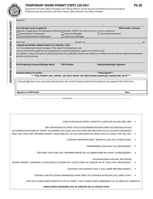 Form PS-20 Temporary Work Permit (Twp) 120 Day - Oregon