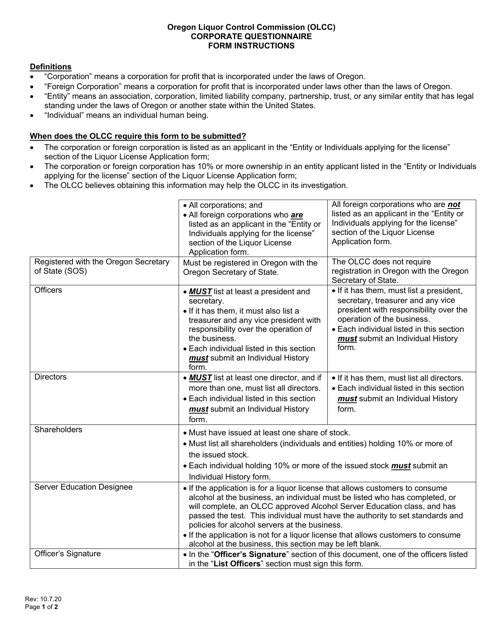 Corporate Questionnaire - Oregon Download Pdf