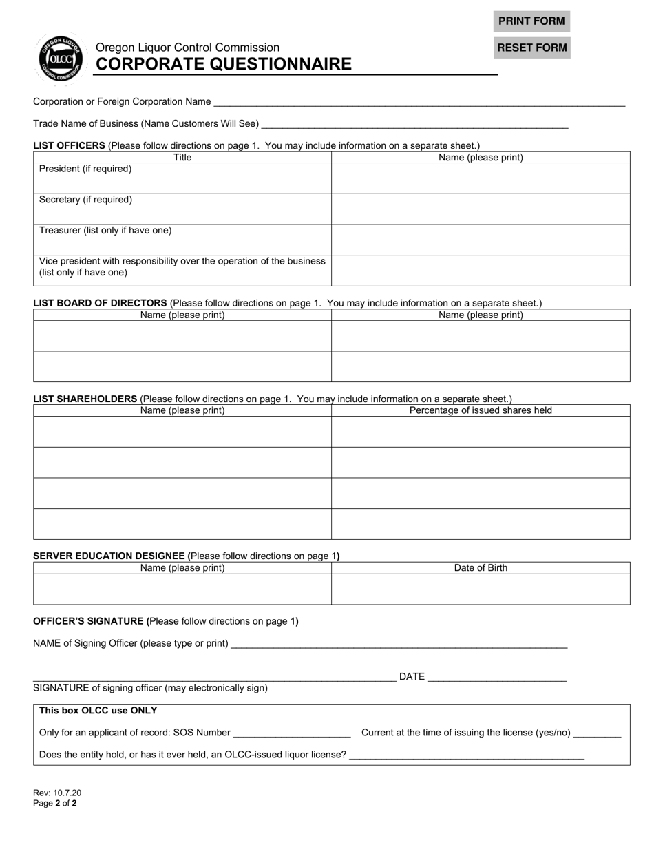 Corporate Questionnaire - Oregon, Page 2