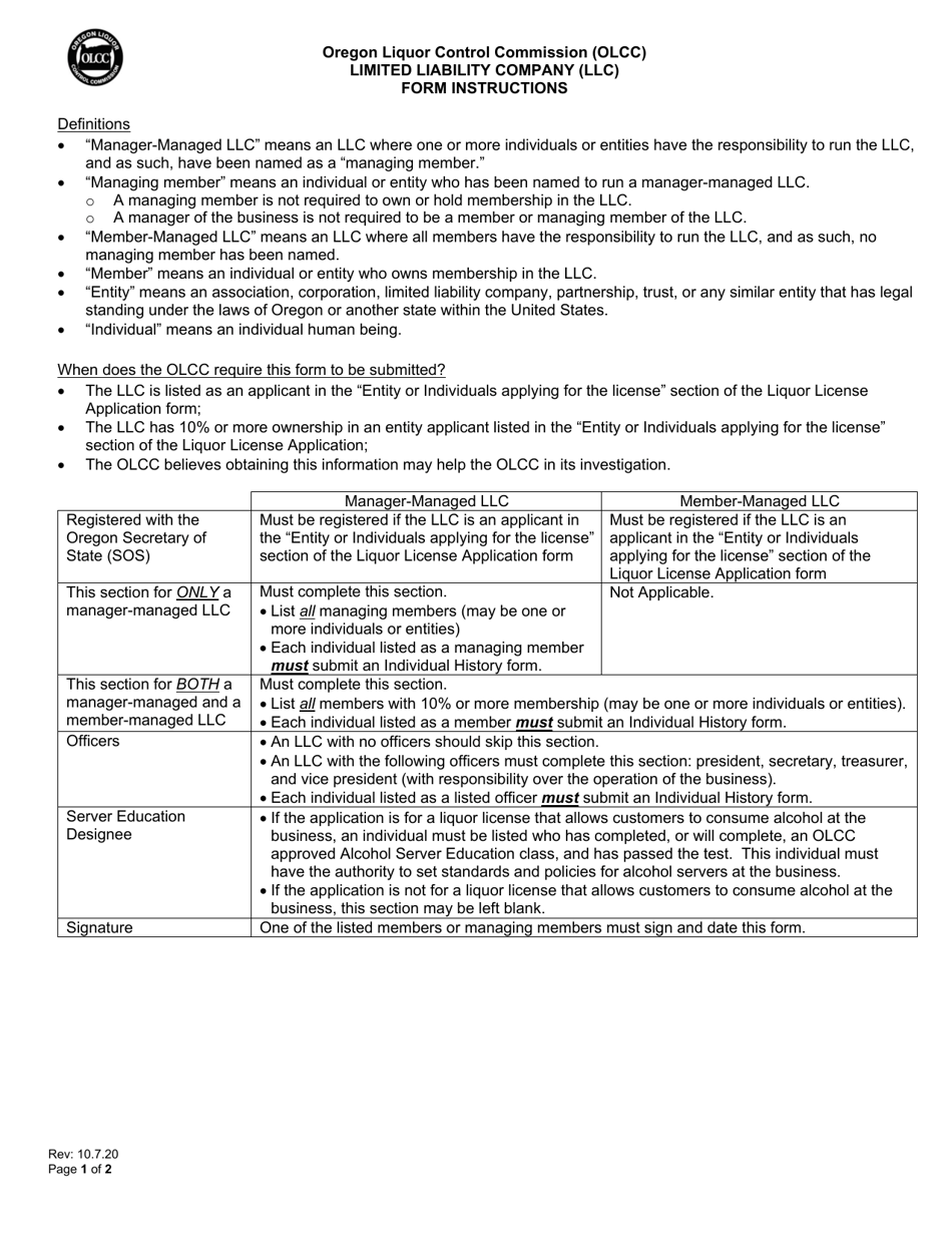 Limited Liability Company (LLC) Questionnaire - Oregon, Page 1