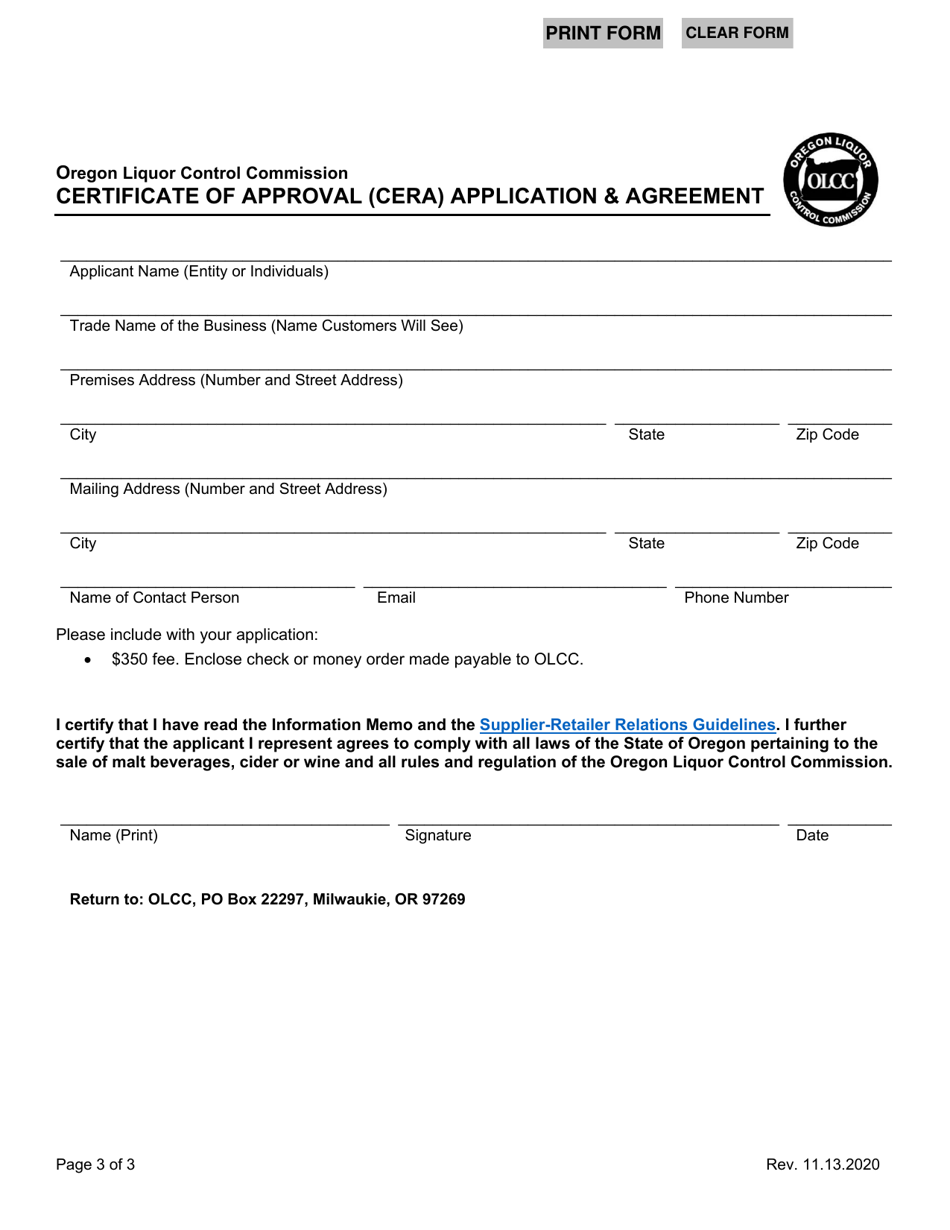 Certificate of Approval (Cera) Application  Agreement - Oregon, Page 3