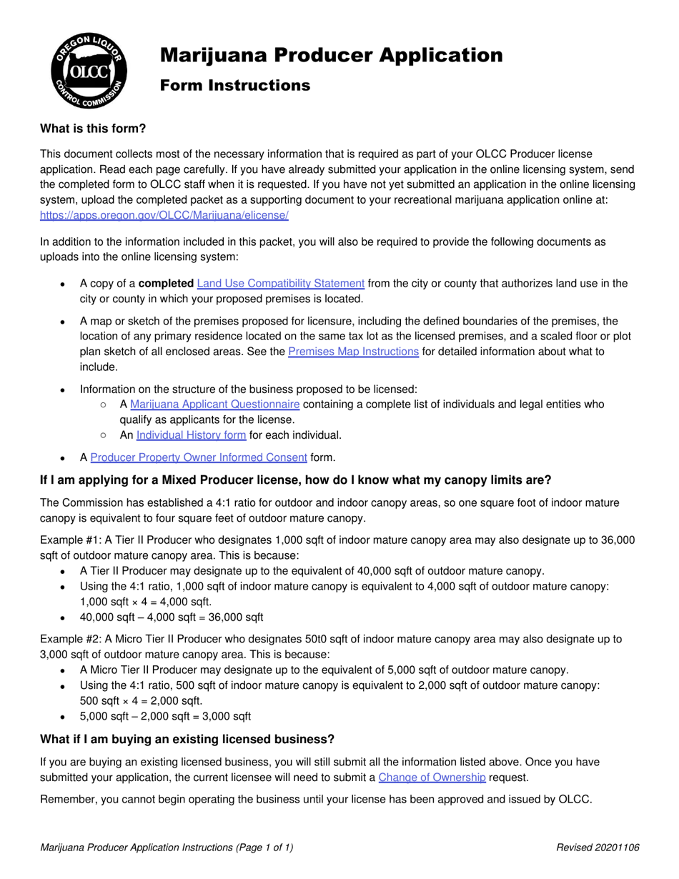 Form MJ17-2020 Marijuana Producer Application - Oregon, Page 1