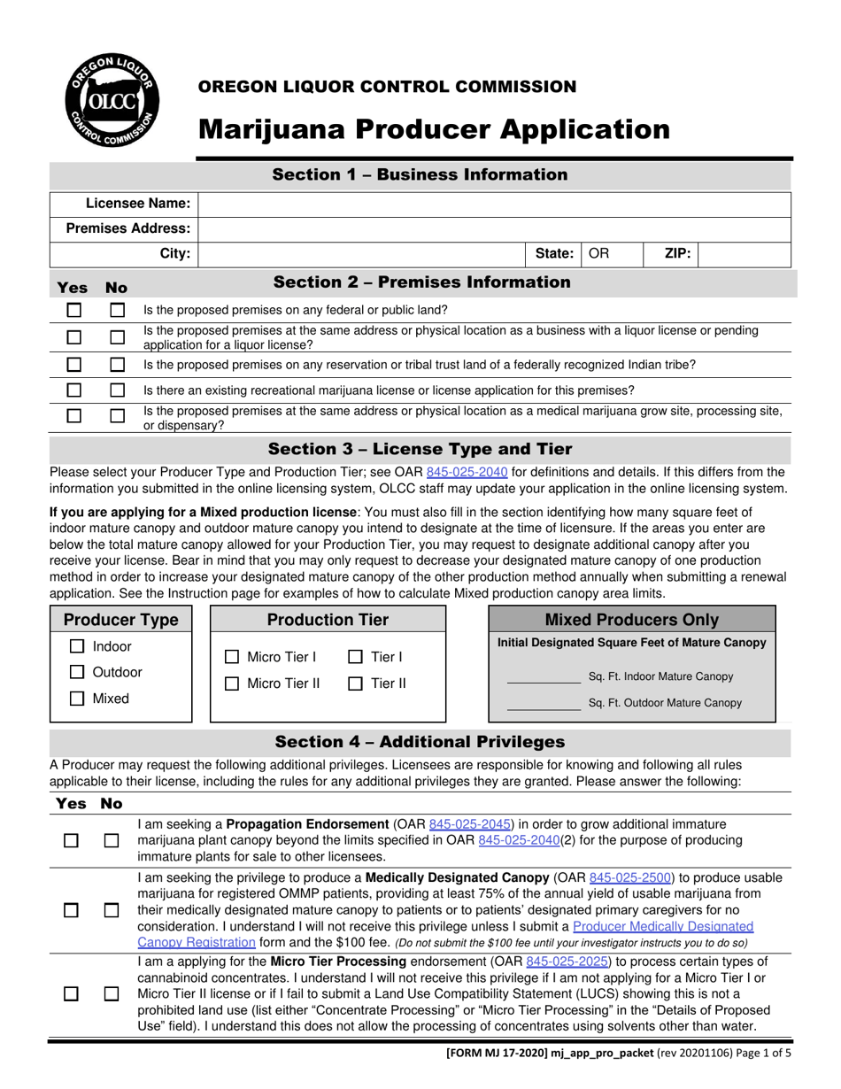 Form MJ17-2020 Marijuana Producer Application - Oregon, Page 2