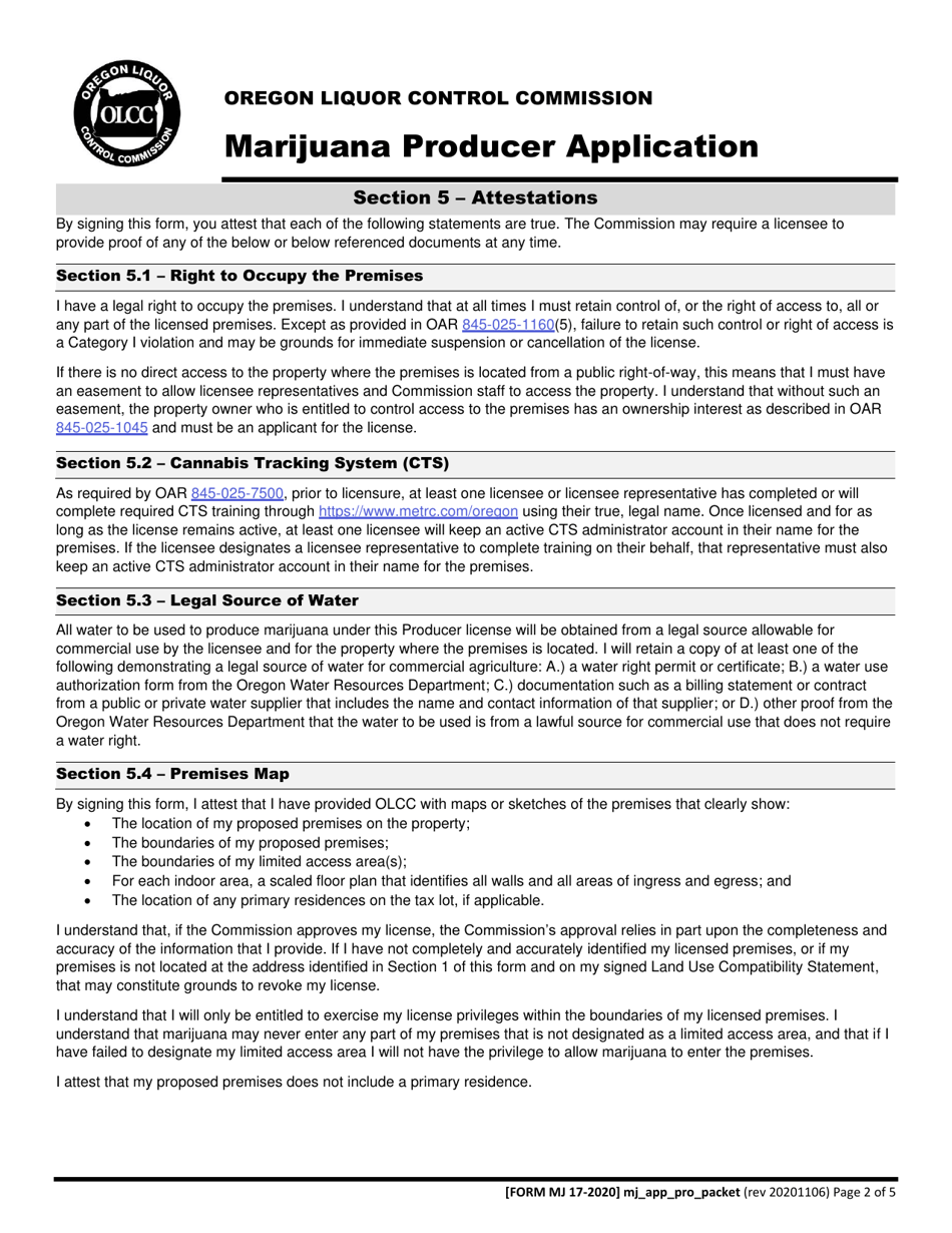 Form MJ17-2020 Marijuana Producer Application - Oregon, Page 3