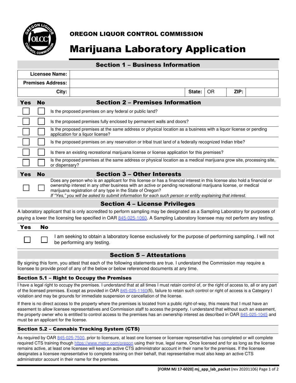 Form MJ17-6020 Marijuana Laboratory Application - Oregon, Page 2