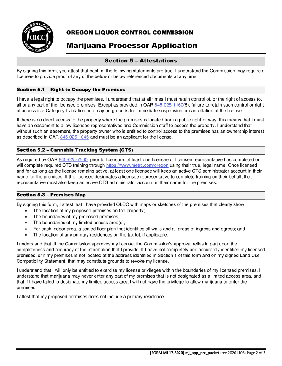 Form MJ17-3020 Marijuana Processor Application - Oregon, Page 3