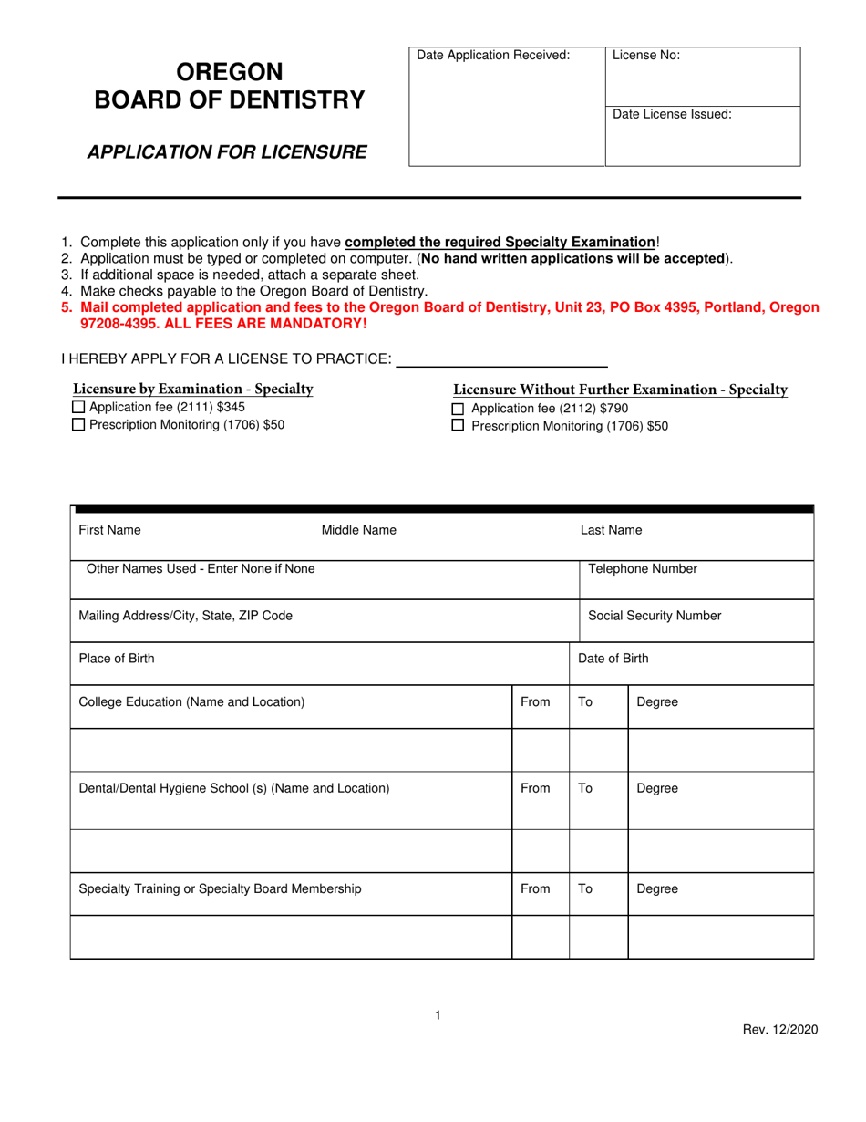 Oregon Application for Licensure - Dental Specialty - Fill Out, Sign ...
