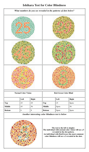 Ishihara Test for Color Blindness Chart