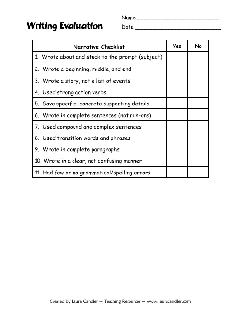 Writing Evaluation Form - Laura Candler Download Pdf