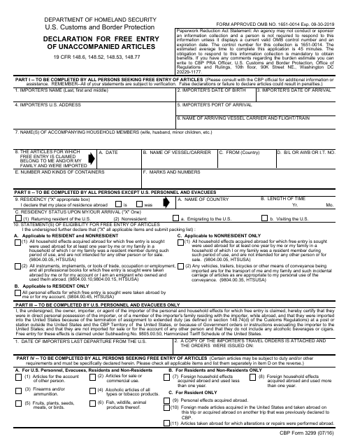 CBP Form 3299  Printable Pdf