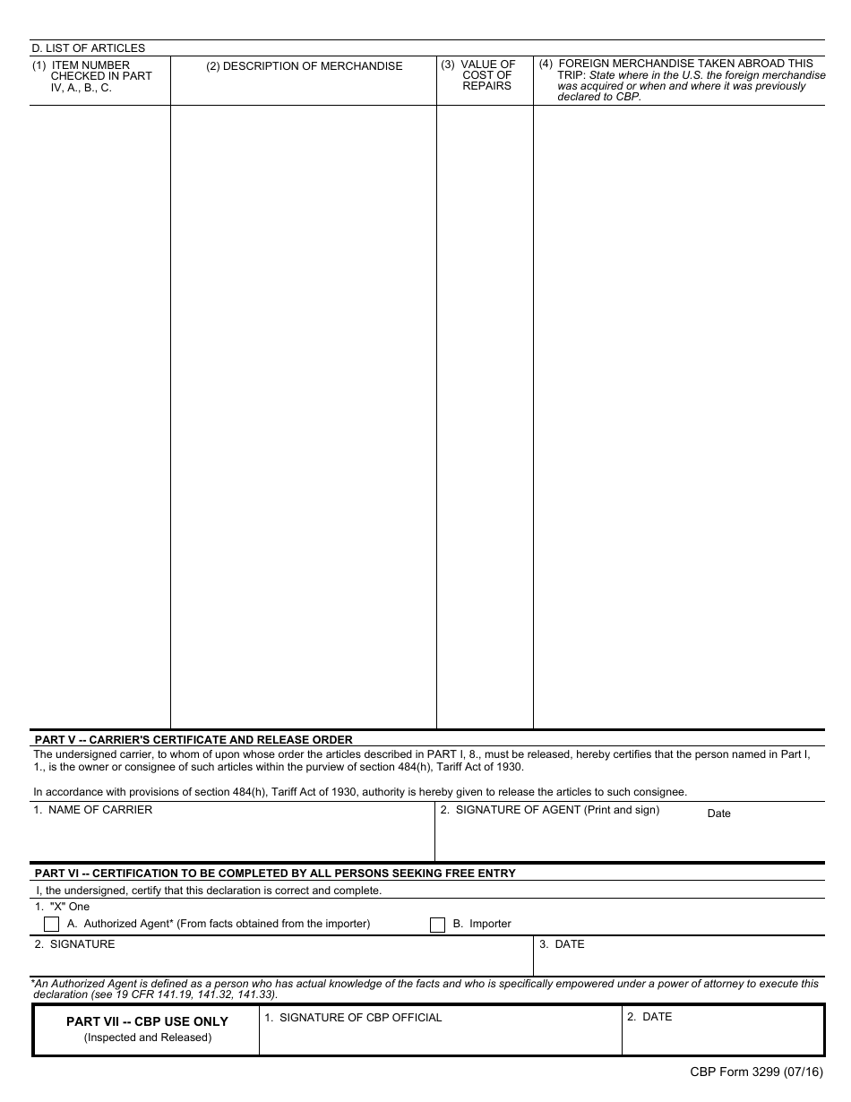 CBP Form 3299 Declaration for Free Entry of Unaccompanied Articles, Page 2