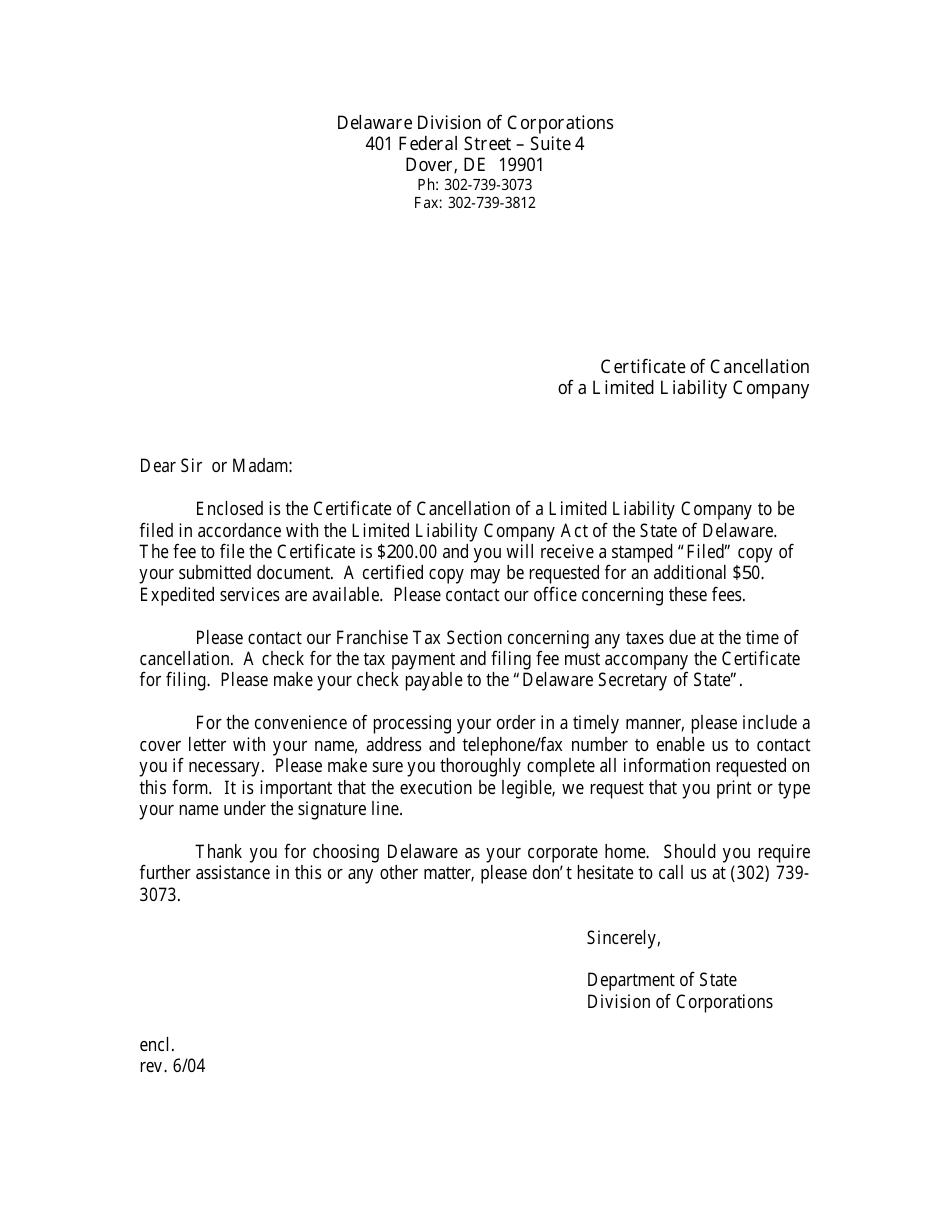 Certificate of Cancellation of a Limited Liability Company - Delaware, Page 1