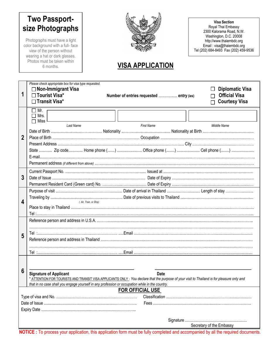 Washington, D.C. Thai Visa Application Form Royal Thai Embassy