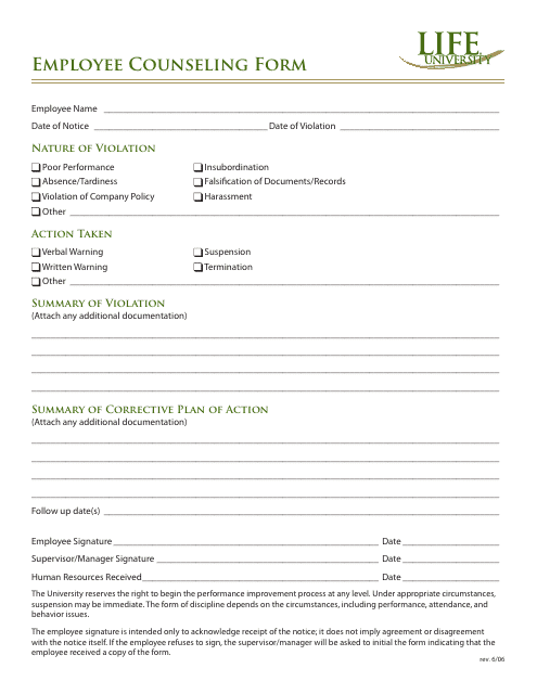 &quot;Employee Counseling Form - Life University&quot; Download Pdf