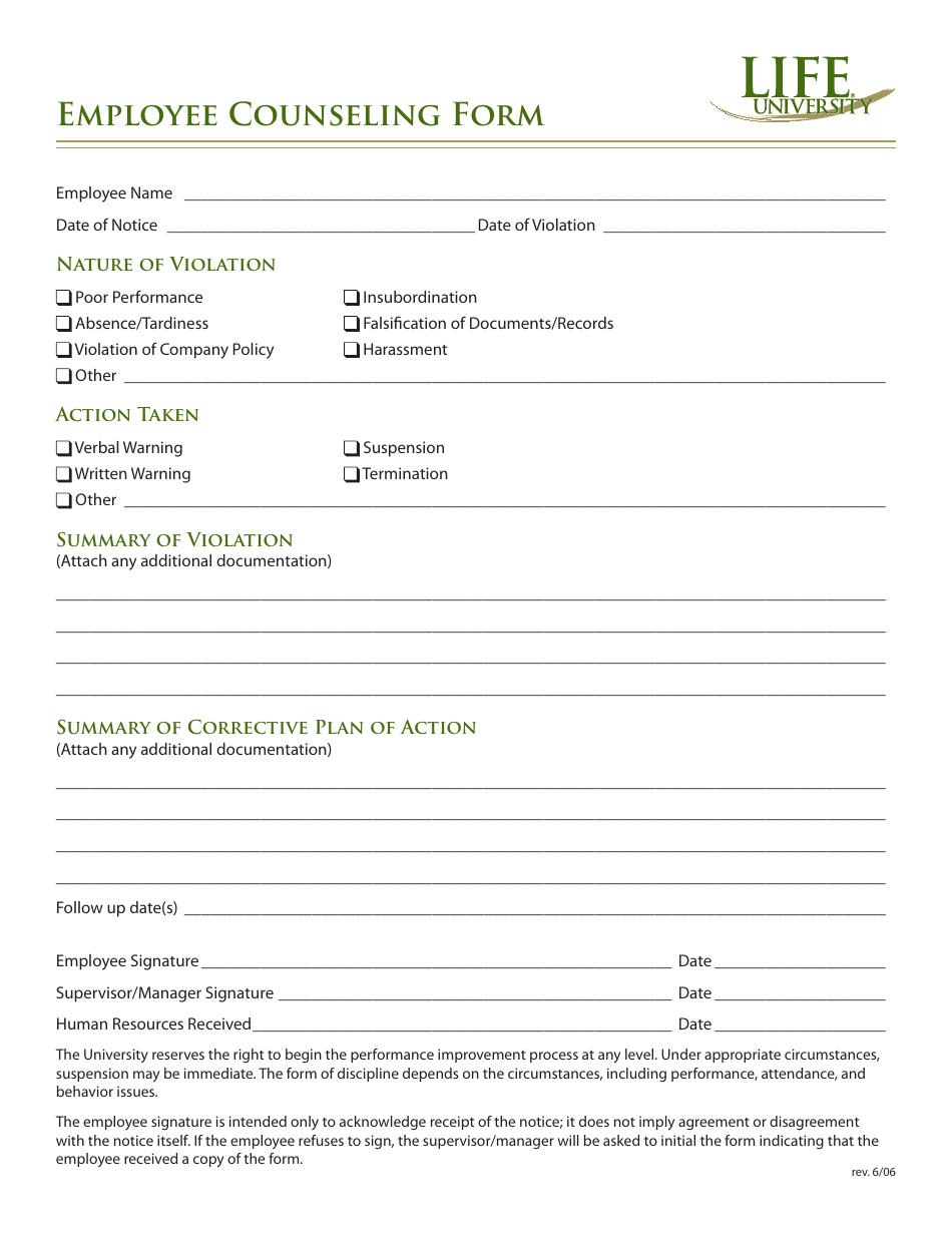 Employee Counseling Form - Life University, Page 1