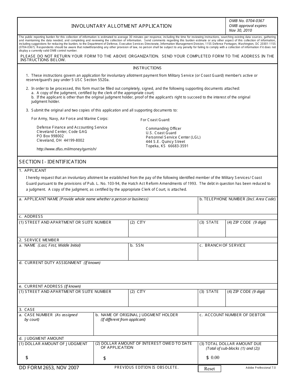 DD Form 2653 Involuntary Allotment Application, Page 1
