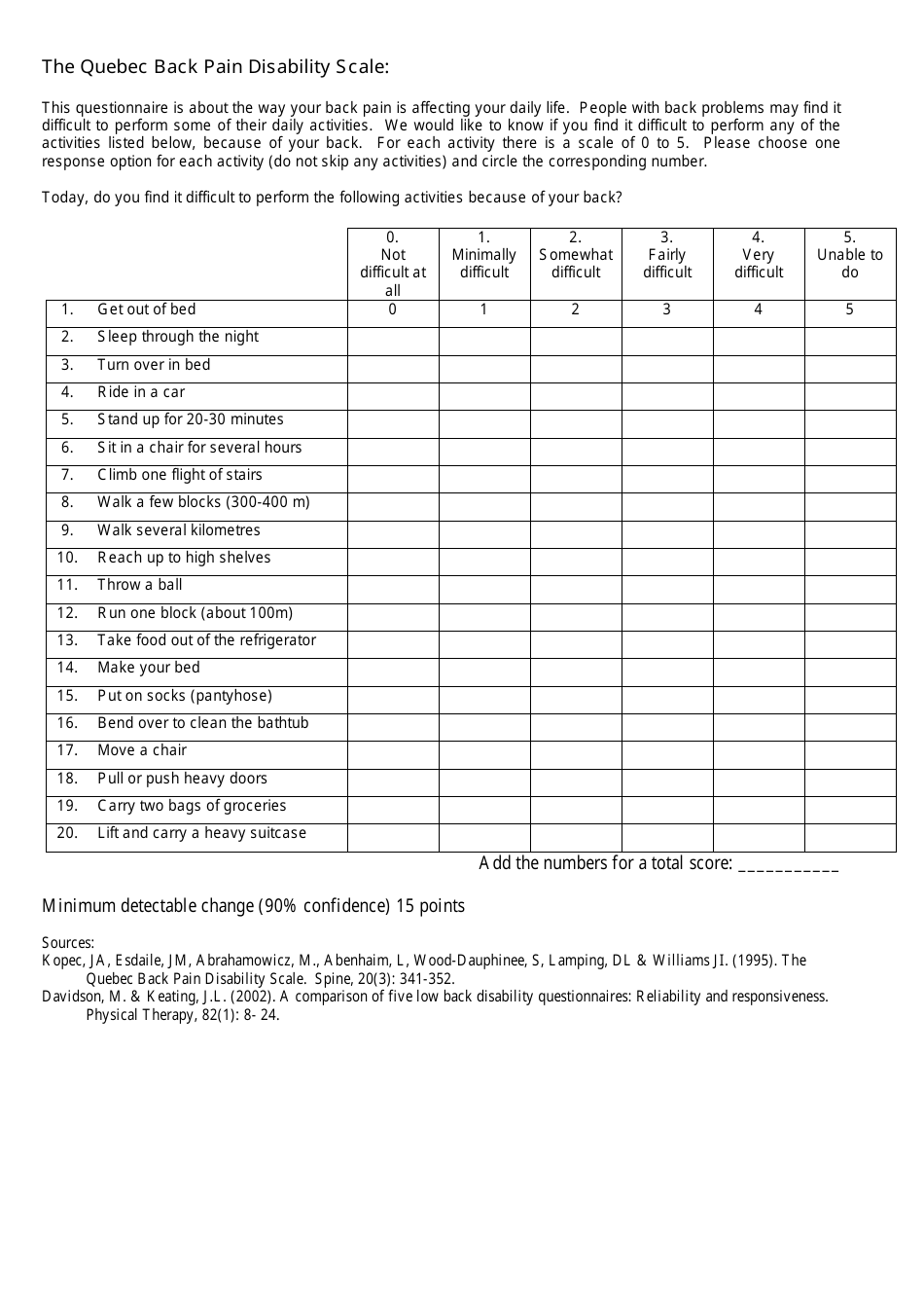 Saskatchewan Health and Wellness Back Pain Disability Scale Questionnaire Sheet