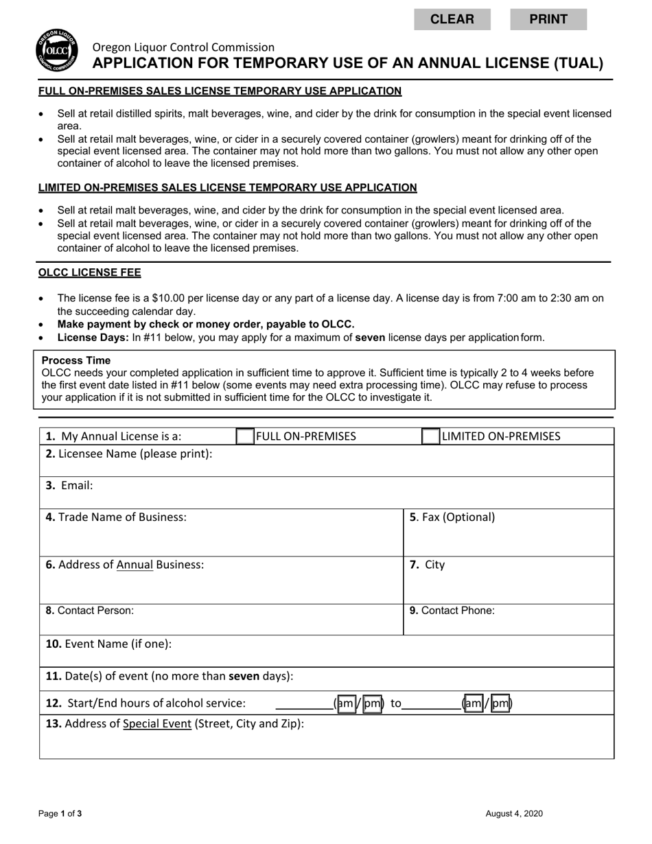 Oregon Application for Temporary Use of an Annual License (Tual) Download Fillable PDF
