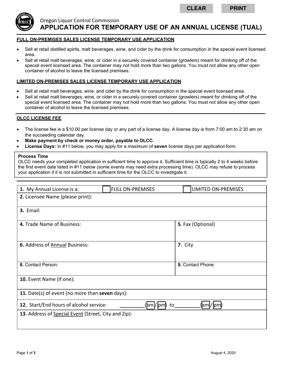 Application for Temporary Use of an Annual License (Tual) - Oregon, Page 1