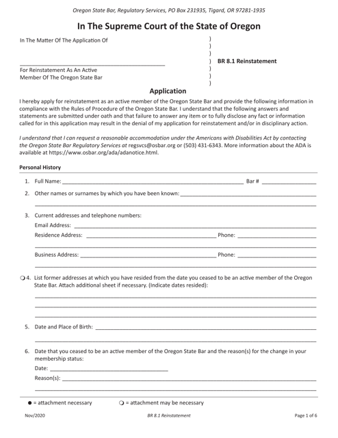 Application for Reinstatement as an Active Member of the Oregon State Bar - Oregon Download Pdf