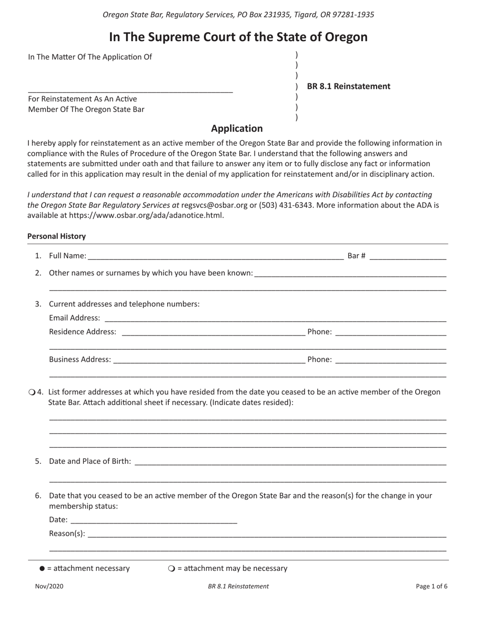 Application for Reinstatement as an Active Member of the Oregon State Bar - Oregon, Page 1