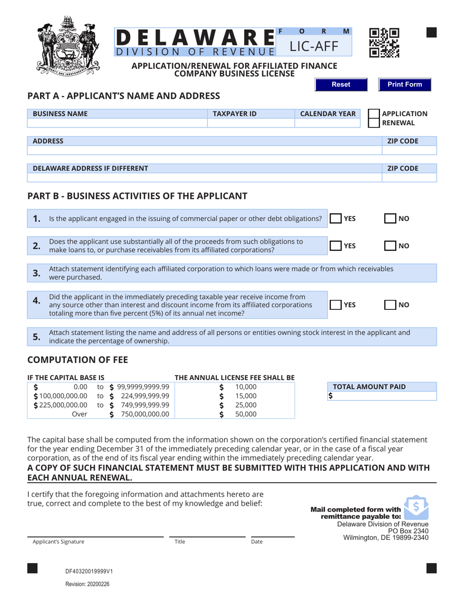 Form LIC-AFF Application / Renewal for Affiliated Finance Company Business License - Delaware, Page 1