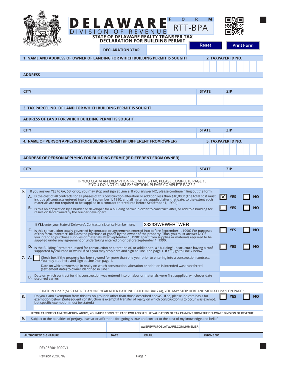 Form RTT-BPA State of Delaware Realty Transfer Tax Declaration for Building Permit - Delaware, Page 1