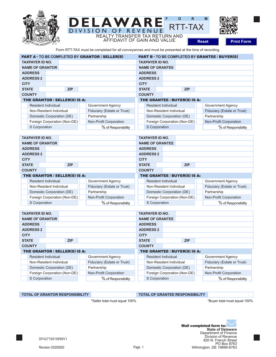 Form RTT-TAX Realty Transfer Tax Return and Affidavit of Gain and Value - Delaware, Page 1