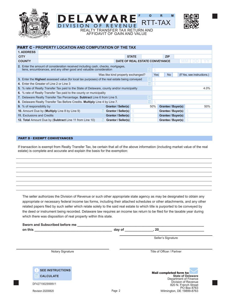 Form RTT-TAX Realty Transfer Tax Return and Affidavit of Gain and Value - Delaware, Page 2